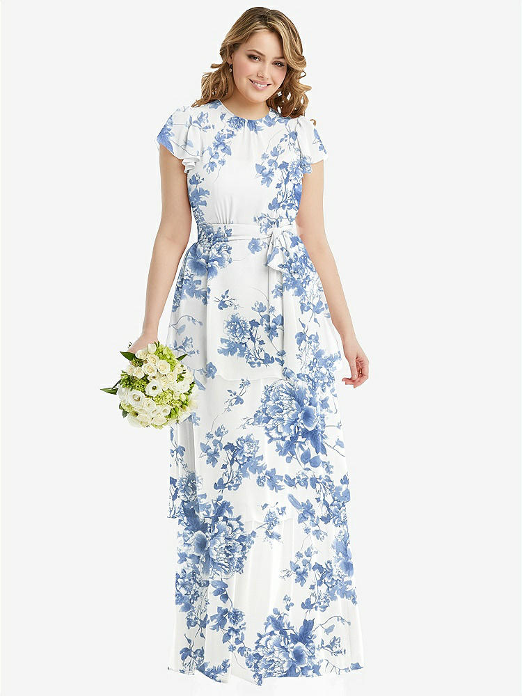 【NEW】【STYLE: 3116】フラッター スリーブ ジュエル 首 シフォン マキシ ドレス ティア ラッフル スカート【COLOR: Cottage Rose Dusk Blue】【SIZE: 00-30W】