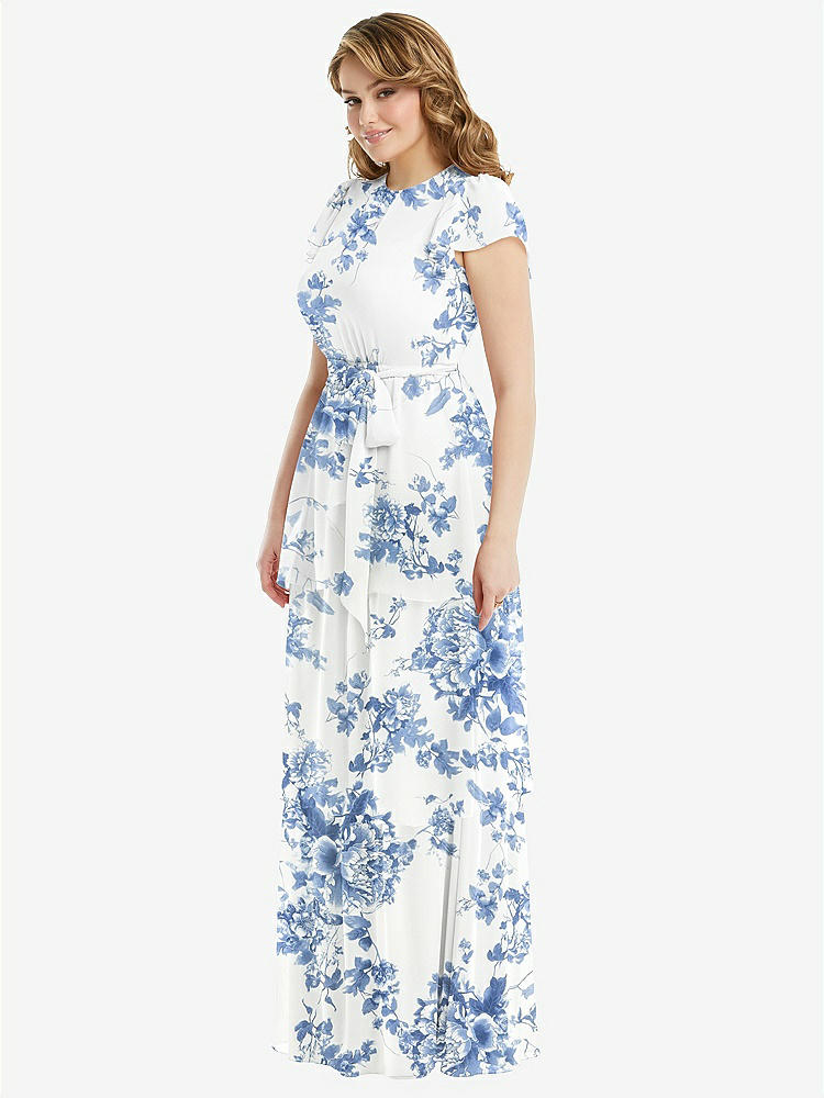 【NEW】【STYLE: 3116】フラッター スリーブ ジュエル 首 シフォン マキシ ドレス ティア ラッフル スカート【COLOR: Cottage Rose Dusk Blue】【SIZE: 00-30W】