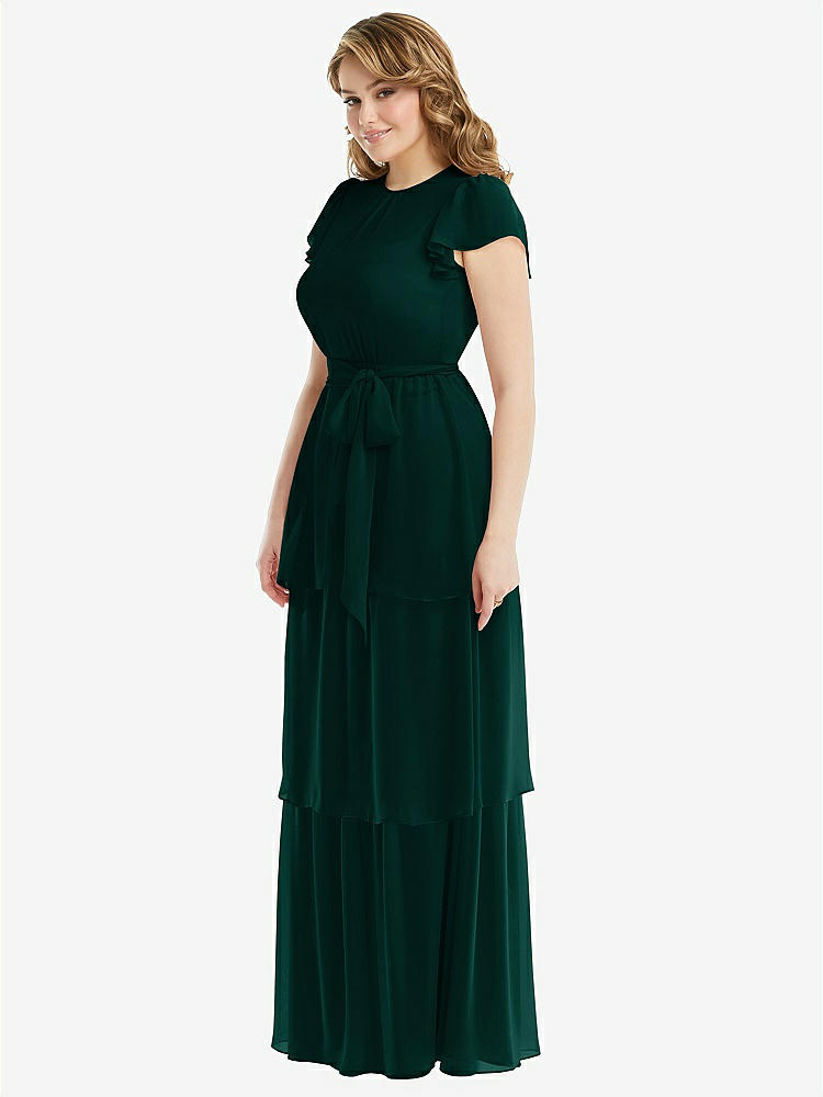 【STYLE: 3116】Flutter Sleeve Jewel Neck Chiffon Maxi Dress with Tiered Ruffle Skirt【COLOR: Evergreen】