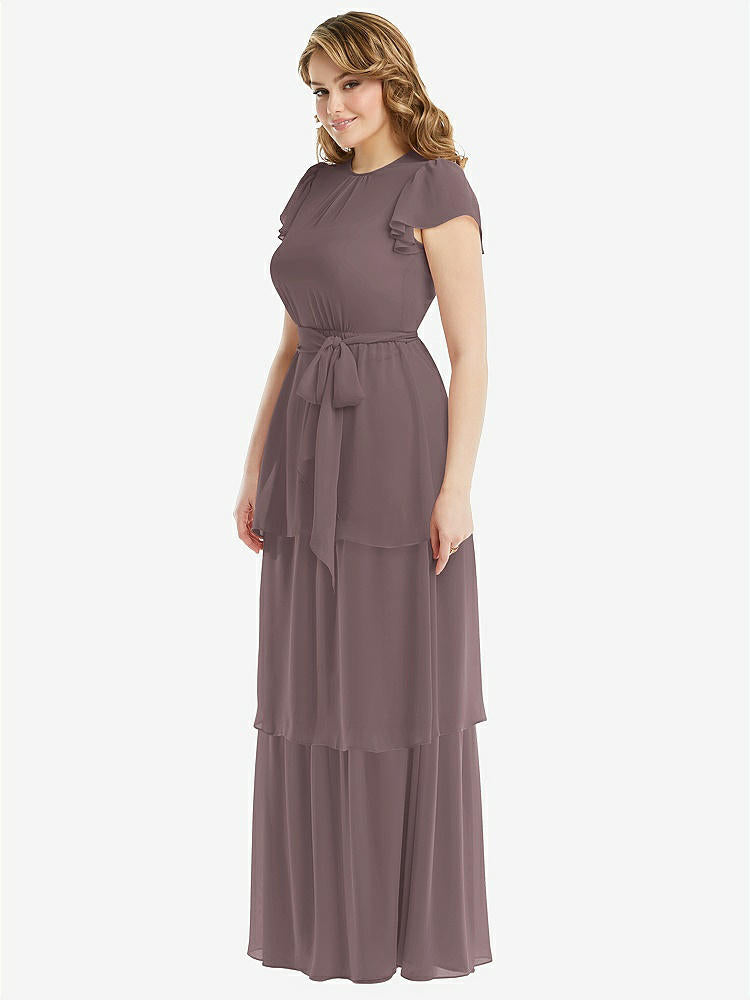 【STYLE: 3116】Flutter Sleeve Jewel Neck Chiffon Maxi Dress with Tiered Ruffle Skirt【COLOR: French Truffle】