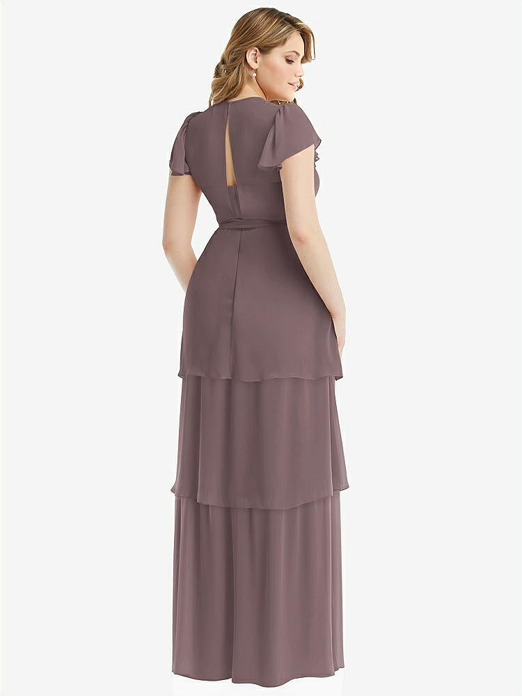 【STYLE: 3116】Flutter Sleeve Jewel Neck Chiffon Maxi Dress with Tiered Ruffle Skirt【COLOR: French Truffle】
