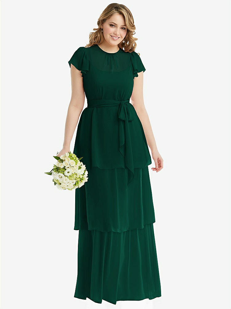 【STYLE: 3116】Flutter Sleeve Jewel Neck Chiffon Maxi Dress with Tiered Ruffle Skirt【COLOR: Hunter Green】