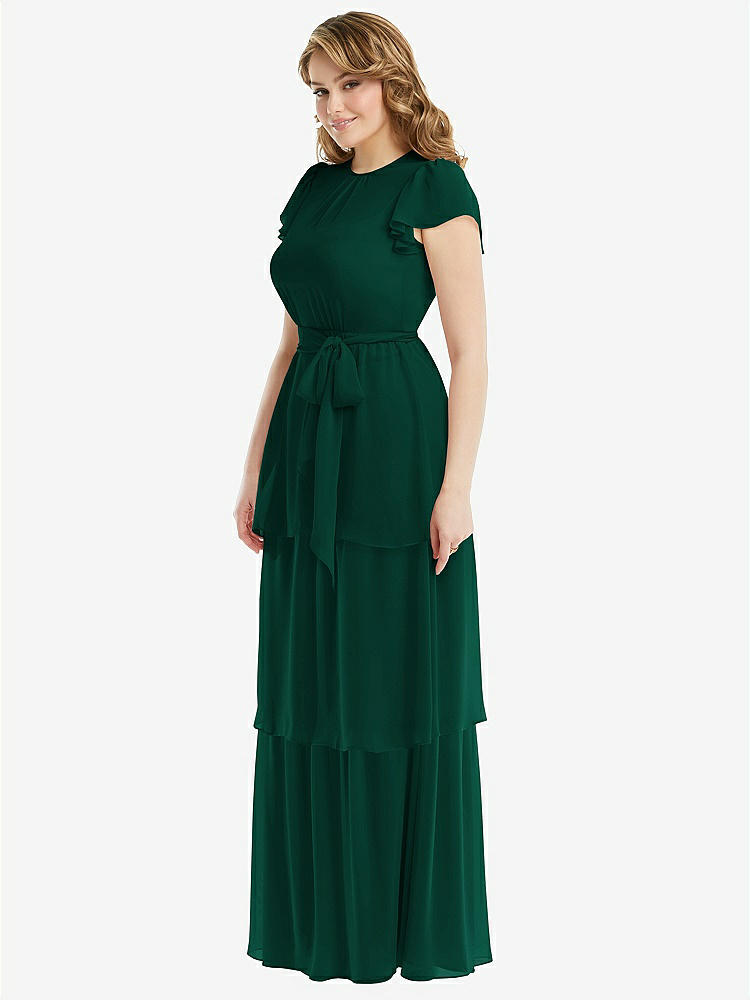 【STYLE: 3116】Flutter Sleeve Jewel Neck Chiffon Maxi Dress with Tiered Ruffle Skirt【COLOR: Hunter Green】