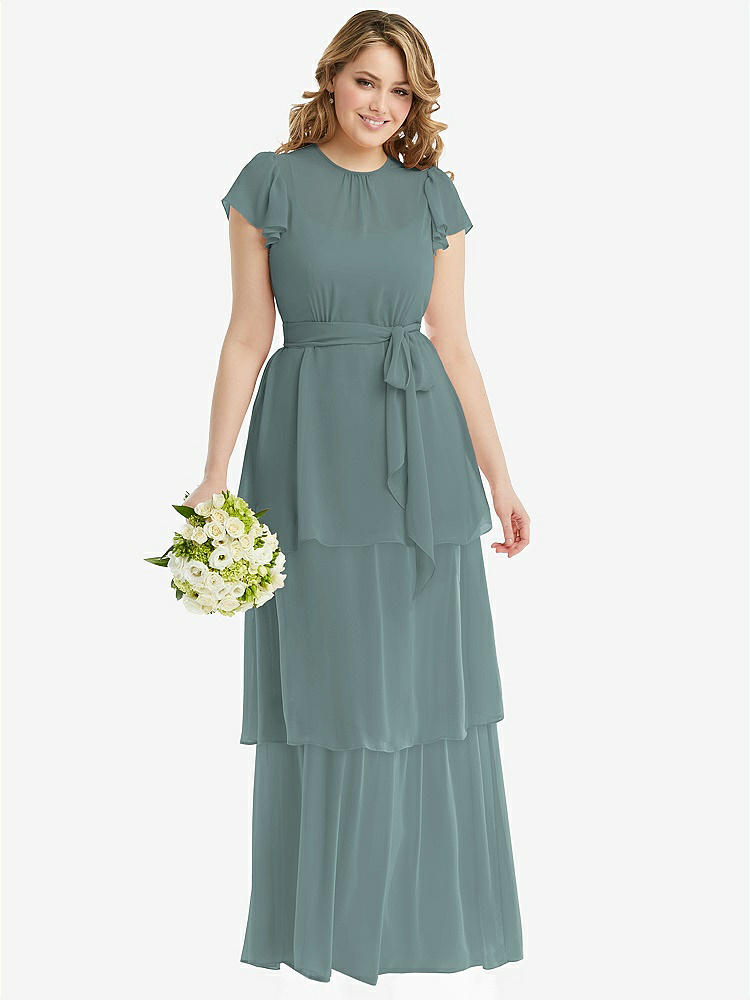 【STYLE: 3116】Flutter Sleeve Jewel Neck Chiffon Maxi Dress with Tiered Ruffle Skirt【COLOR: Icelandic】