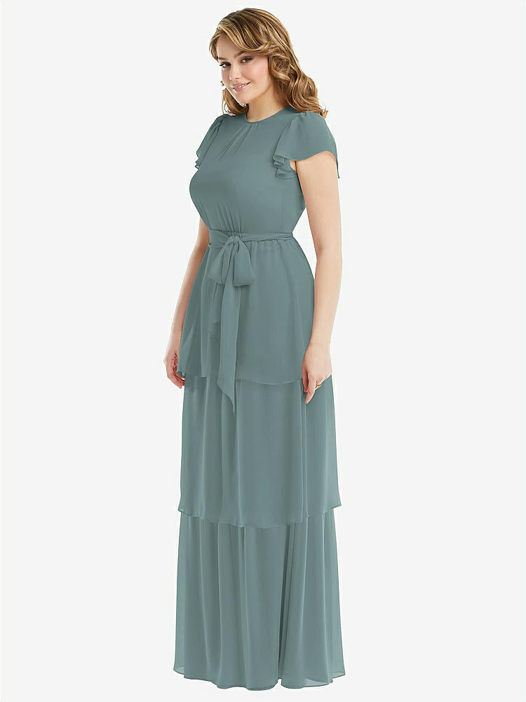 【STYLE: 3116】Flutter Sleeve Jewel Neck Chiffon Maxi Dress with Tiered Ruffle Skirt【COLOR: Icelandic】
