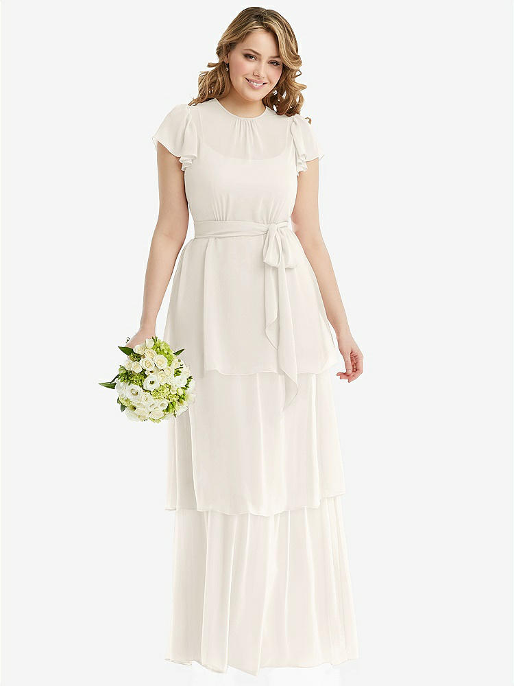 【NEW】【STYLE: 3116】フラッター スリーブ ジュエル 首 シフォン マキシ ドレス ティア ラッフル スカート【COLOR: Ivory】【SIZE: 00-30W】