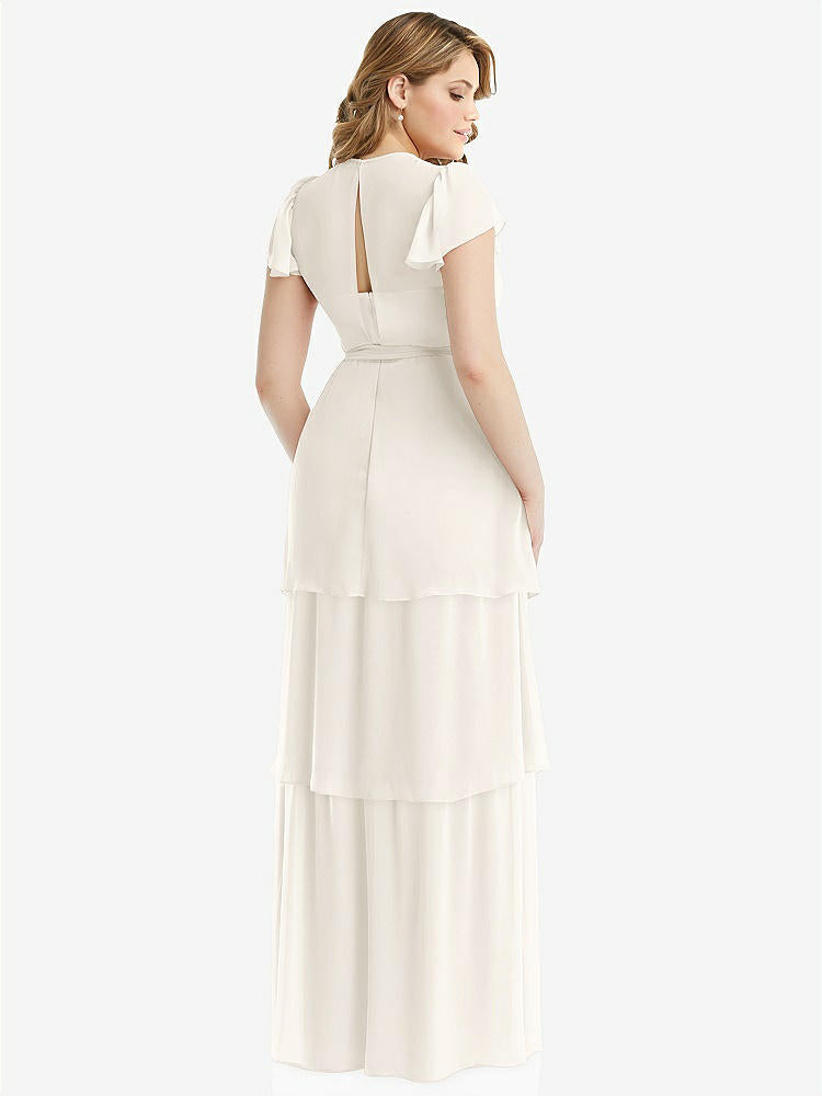 【NEW】【STYLE: 3116】フラッター スリーブ ジュエル 首 シフォン マキシ ドレス ティア ラッフル スカート【COLOR: Ivory】【SIZE: 00-30W】