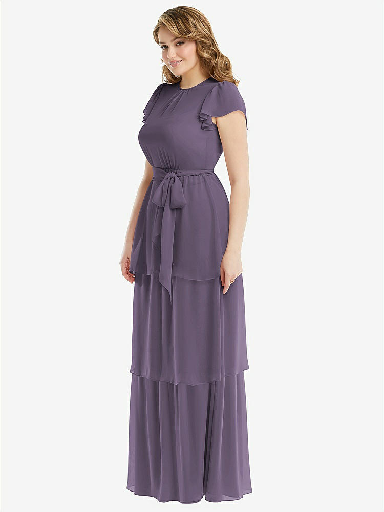 【STYLE: 3116】Flutter Sleeve Jewel Neck Chiffon Maxi Dress with Tiered Ruffle Skirt【COLOR: Lavender】