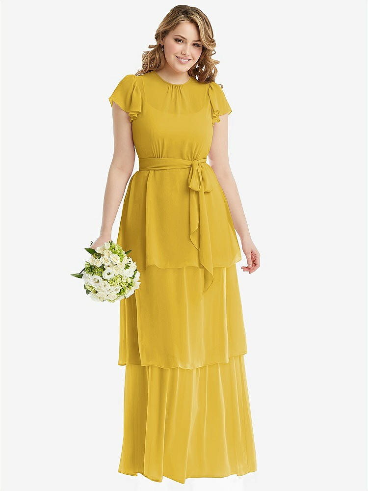 【NEW】【STYLE: 3116】フラッター スリーブ ジュエル 首 シフォン マキシ ドレス ティア ラッフル スカート【COLOR: Marigold】【SIZE: 00-30W】