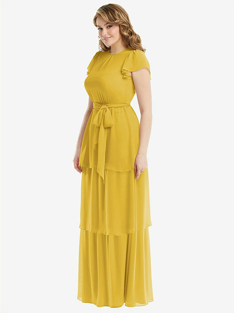 【NEW】【STYLE: 3116】フラッター スリーブ ジュエル 首 シフォン マキシ ドレス ティア ラッフル スカート【COLOR: Marigold】【SIZE: 00-30W】