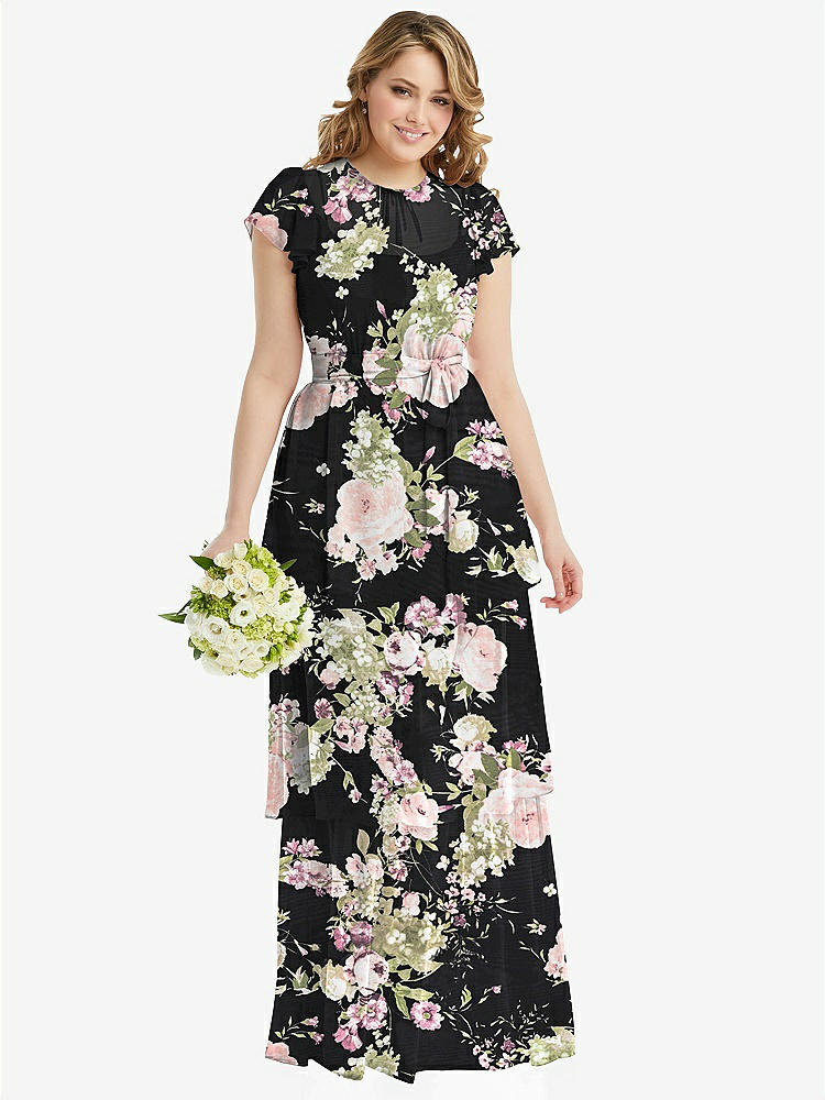 【NEW】【STYLE: 3116】フラッター スリーブ ジュエル 首 シフォン マキシ ドレス ティア ラッフル スカート【COLOR: Noir Garden】【SIZE: 00-30W】