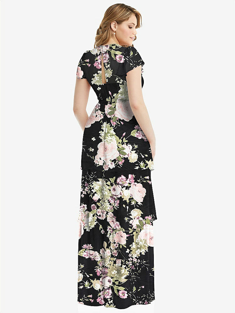 【NEW】【STYLE: 3116】フラッター スリーブ ジュエル 首 シフォン マキシ ドレス ティア ラッフル スカート【COLOR: Noir Garden】【SIZE: 00-30W】