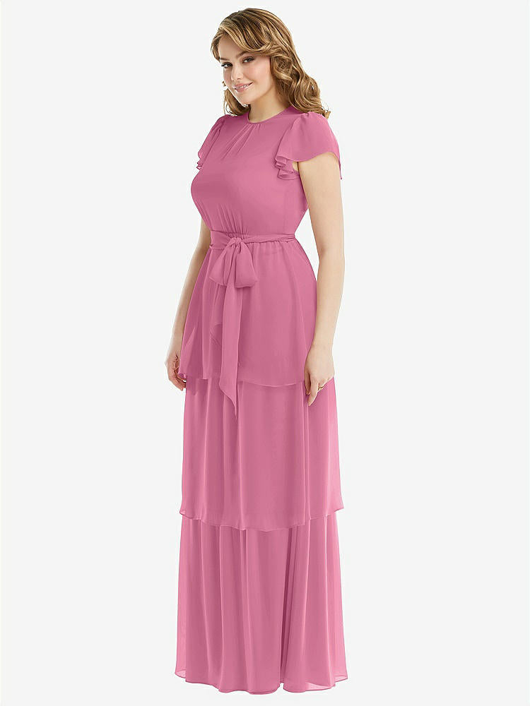 【STYLE: 3116】Flutter Sleeve Jewel Neck Chiffon Maxi Dress with Tiered Ruffle Skirt【COLOR: Orchid Pink】