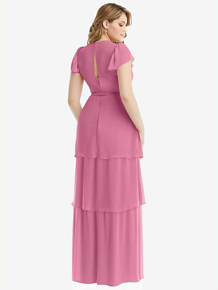 【STYLE: 3116】Flutter Sleeve Jewel Neck Chiffon Maxi Dress with Tiered Ruffle Skirt【COLOR: Orchid Pink】