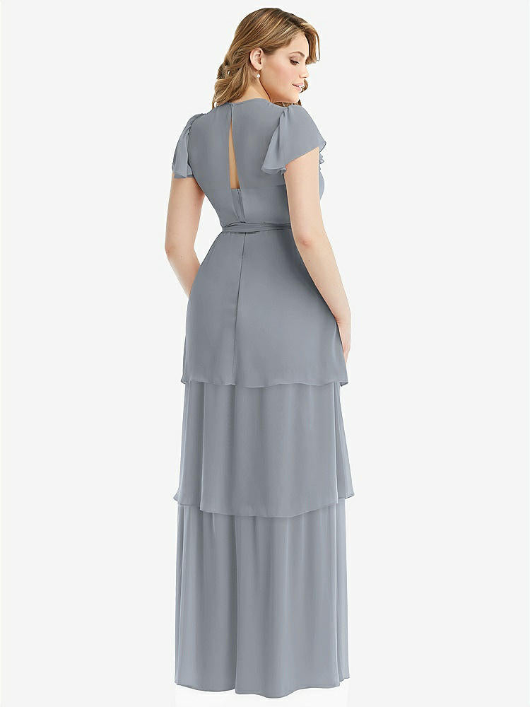 【NEW】【STYLE: 3116】フラッター スリーブ ジュエル 首 シフォン マキシ ドレス ティア ラッフル スカート【COLOR: Platinum】【SIZE: 00-30W】