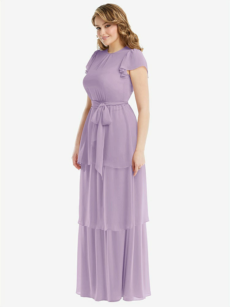 【STYLE: 3116】Flutter Sleeve Jewel Neck Chiffon Maxi Dress with Tiered Ruffle Skirt【COLOR: Pale Purple】