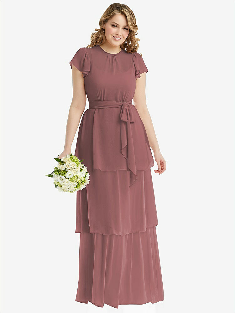 【STYLE: 3116】Flutter Sleeve Jewel Neck Chiffon Maxi Dress with Tiered Ruffle Skirt【COLOR: Rosewood】