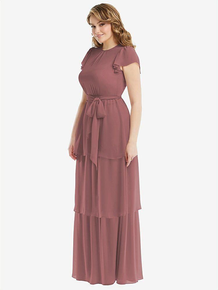 【STYLE: 3116】Flutter Sleeve Jewel Neck Chiffon Maxi Dress with Tiered Ruffle Skirt【COLOR: Rosewood】