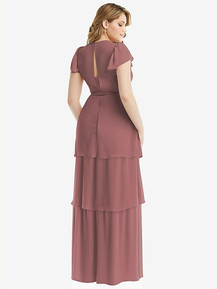 【STYLE: 3116】Flutter Sleeve Jewel Neck Chiffon Maxi Dress with Tiered Ruffle Skirt【COLOR: Rosewood】