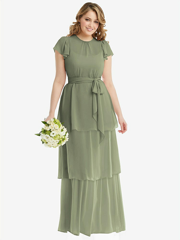 【STYLE: 3116】Flutter Sleeve Jewel Neck Chiffon Maxi Dress with Tiered Ruffle Skirt【COLOR: Sage】