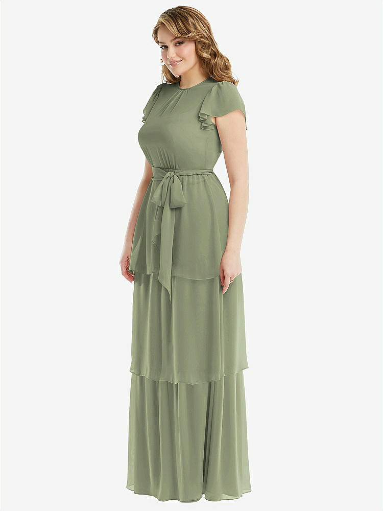 【STYLE: 3116】Flutter Sleeve Jewel Neck Chiffon Maxi Dress with Tiered Ruffle Skirt【COLOR: Sage】