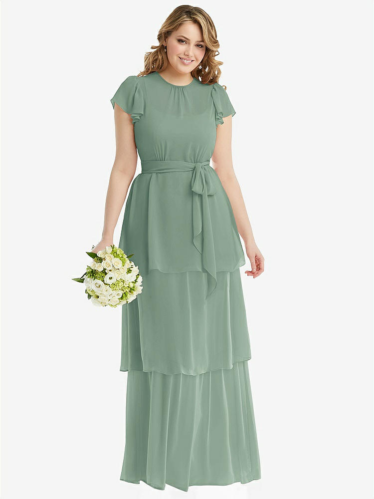 【STYLE: 3116】Flutter Sleeve Jewel Neck Chiffon Maxi Dress with Tiered Ruffle Skirt【COLOR: Seagrass】