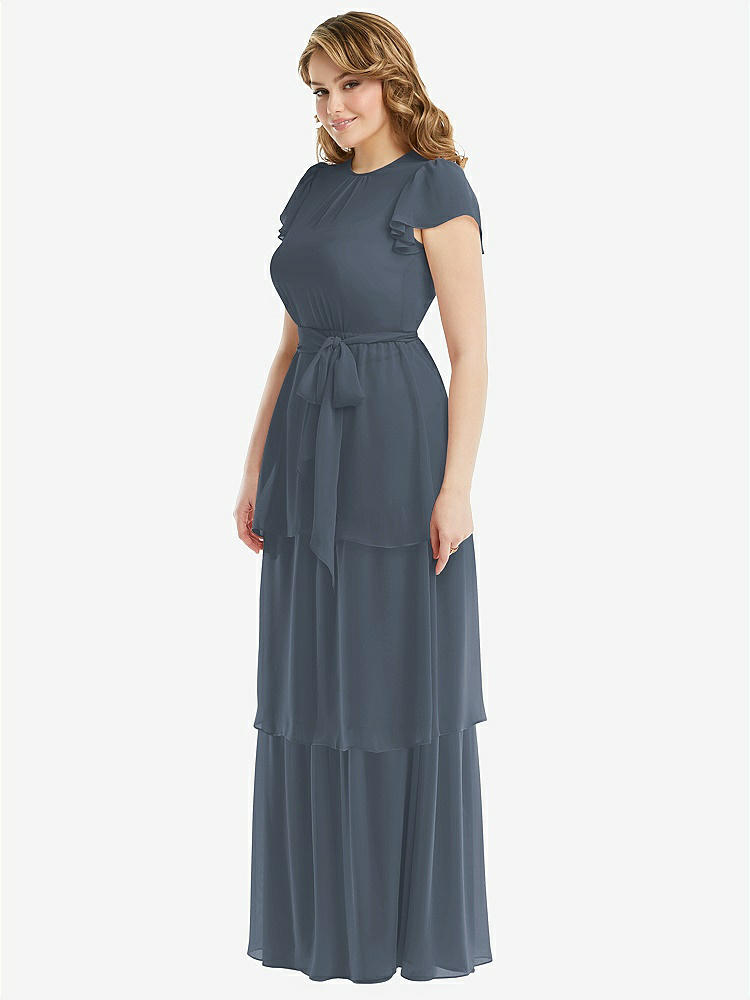 【NEW】【STYLE: 3116】フラッター スリーブ ジュエル 首 シフォン マキシ ドレス ティア ラッフル スカート【COLOR: Silverstone】【SIZE: 00-30W】