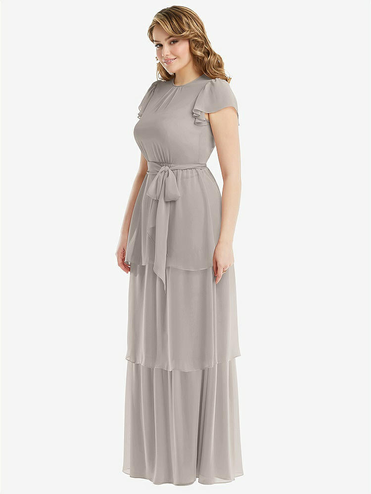 【STYLE: 3116】Flutter Sleeve Jewel Neck Chiffon Maxi Dress with Tiered Ruffle Skirt【COLOR: Taupe】