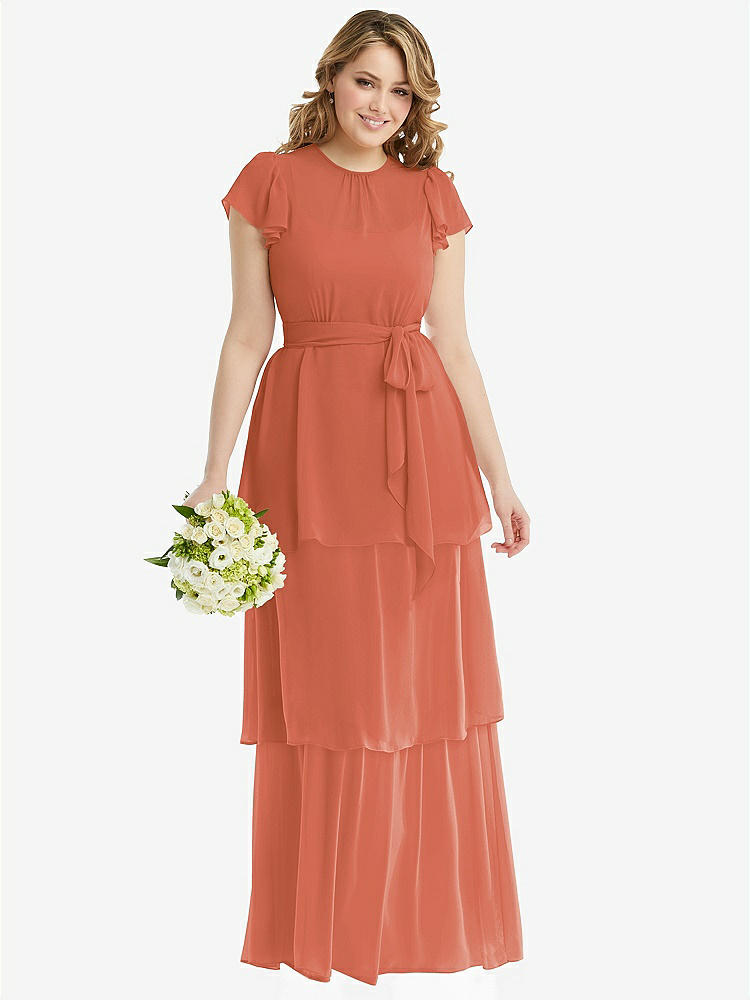 【STYLE: 3116】Flutter Sleeve Jewel Neck Chiffon Maxi Dress with Tiered Ruffle Skirt【COLOR: Terracotta Copper】