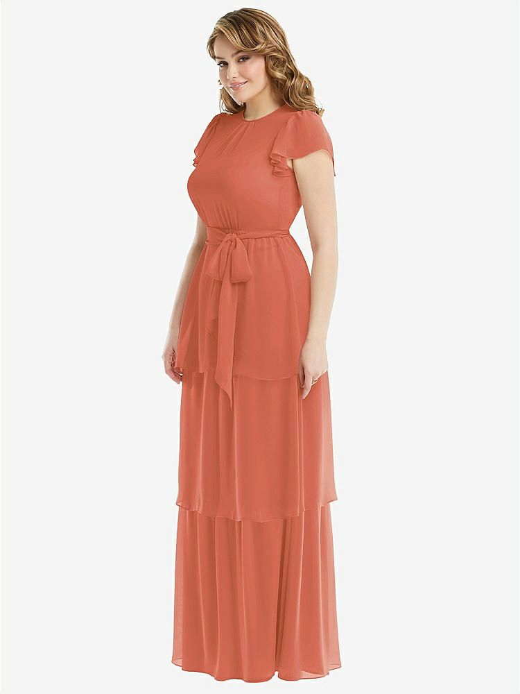 【STYLE: 3116】Flutter Sleeve Jewel Neck Chiffon Maxi Dress with Tiered Ruffle Skirt【COLOR: Terracotta Copper】