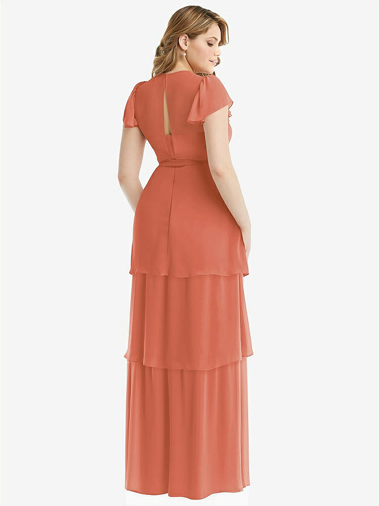 【STYLE: 3116】Flutter Sleeve Jewel Neck Chiffon Maxi Dress with Tiered Ruffle Skirt【COLOR: Terracotta Copper】