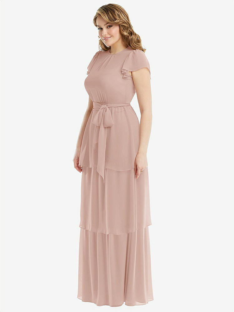 【STYLE: 3116】Flutter Sleeve Jewel Neck Chiffon Maxi Dress with Tiered Ruffle Skirt【COLOR: Toasted Sugar】