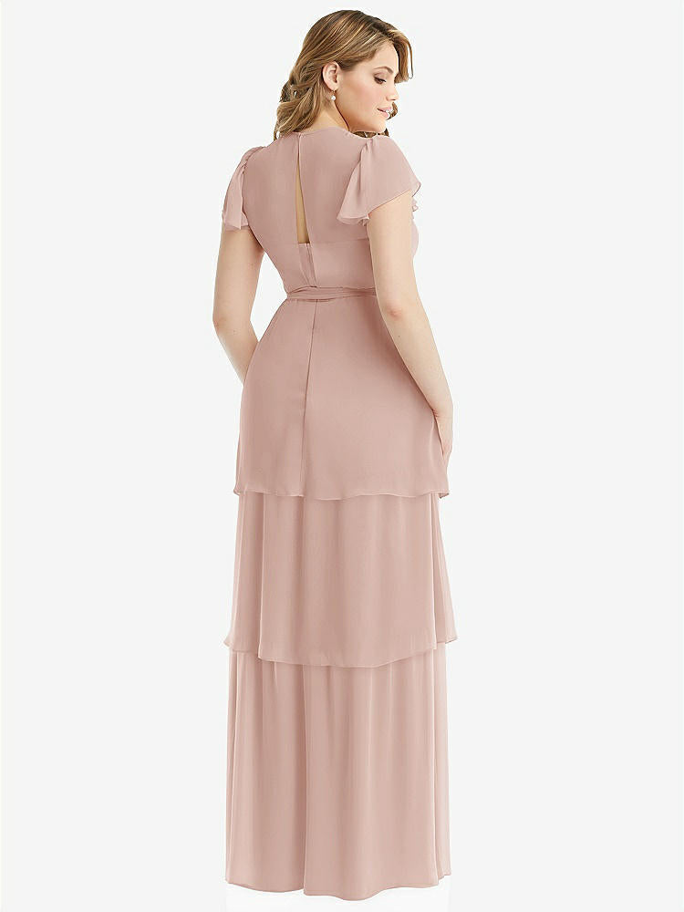 【STYLE: 3116】Flutter Sleeve Jewel Neck Chiffon Maxi Dress with Tiered Ruffle Skirt【COLOR: Toasted Sugar】