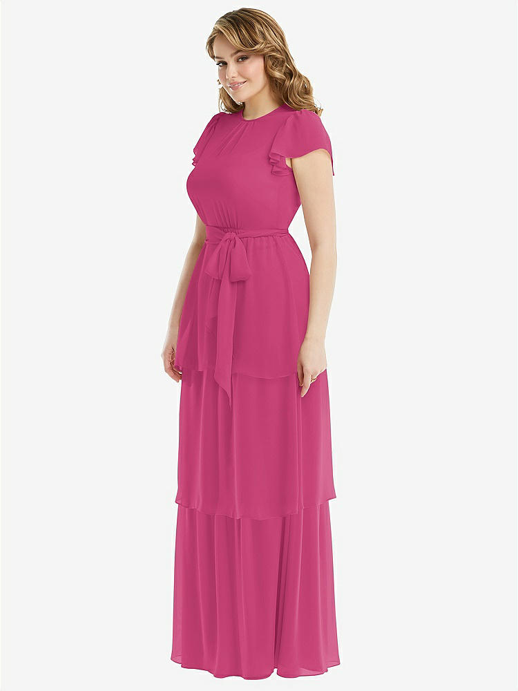 【STYLE: 3116】Flutter Sleeve Jewel Neck Chiffon Maxi Dress with Tiered Ruffle Skirt【COLOR: Tea Rose】