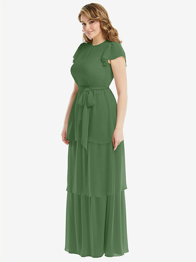 【STYLE: 3116】Flutter Sleeve Jewel Neck Chiffon Maxi Dress with Tiered Ruffle Skirt【COLOR: Vineyard Green】