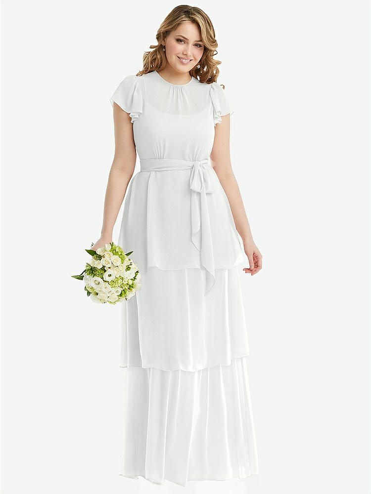 【NEW】【STYLE: 3116】フラッター スリーブ ジュエル 首 シフォン マキシ ドレス ティア ラッフル スカート【COLOR: White】【SIZE: 00-30W】