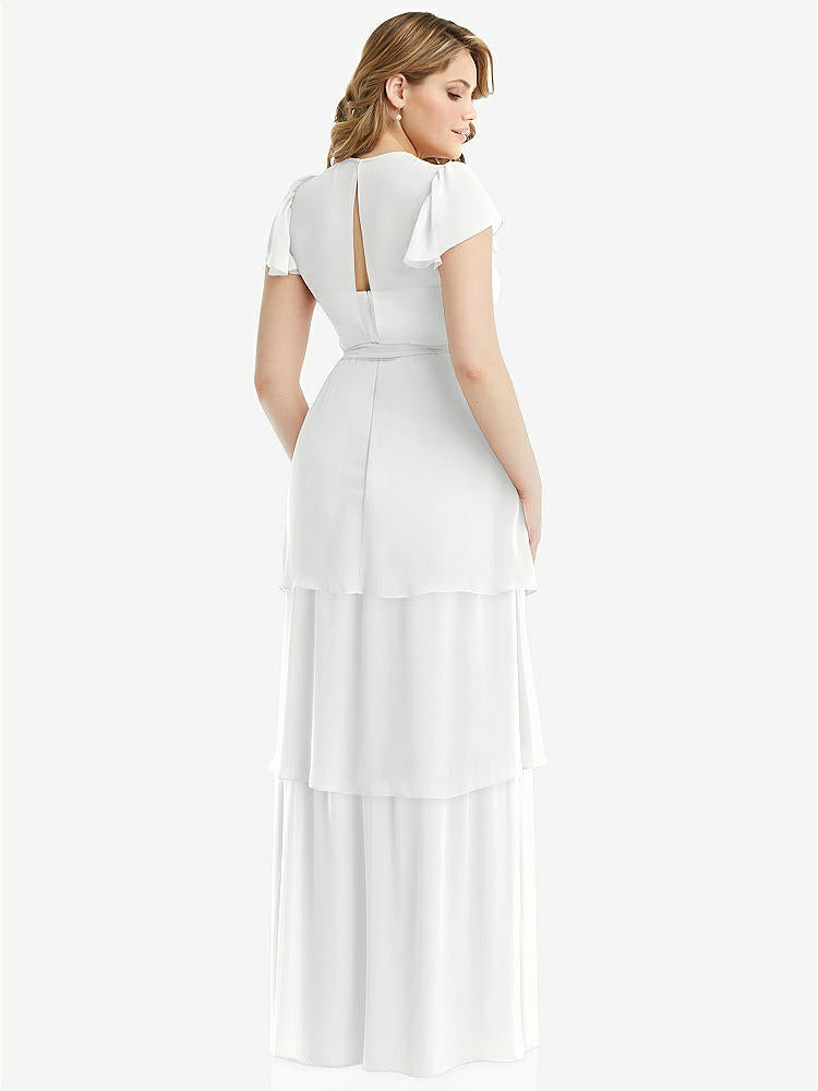 【NEW】【STYLE: 3116】フラッター スリーブ ジュエル 首 シフォン マキシ ドレス ティア ラッフル スカート【COLOR: White】【SIZE: 00-30W】