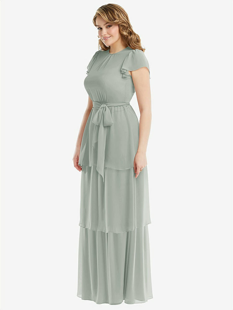 【STYLE: 3116】Flutter Sleeve Jewel Neck Chiffon Maxi Dress with Tiered Ruffle Skirt【COLOR: Willow Green】