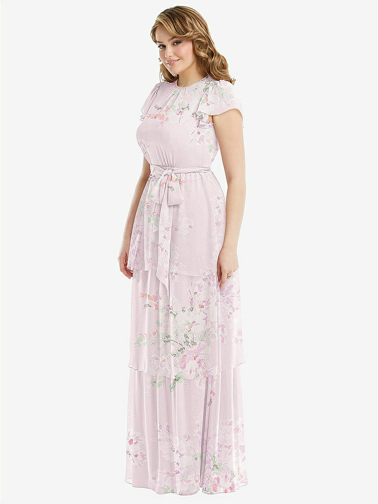 【STYLE: 3116】Flutter Sleeve Jewel Neck Chiffon Maxi Dress with Tiered Ruffle Skirt【COLOR: Watercolor Print】