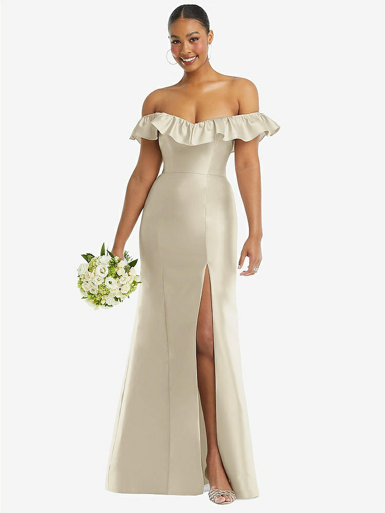 【STYLE: D836】Off-the-Shoulder Ruffle Neck Satin Trumpet Gown【COLOR: Champagne】