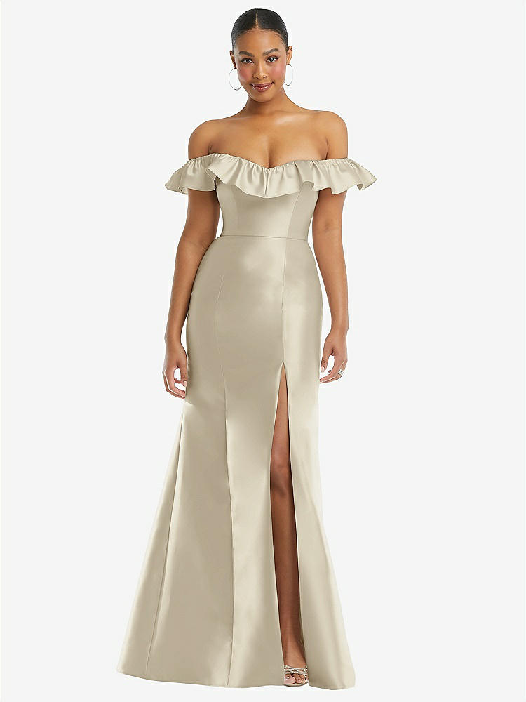 【STYLE: D836】Off-the-Shoulder Ruffle Neck Satin Trumpet Gown【COLOR: Champagne】