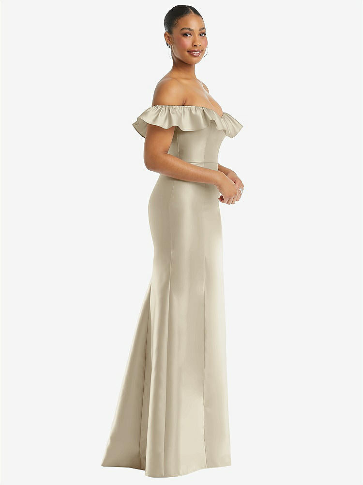 【STYLE: D836】Off-the-Shoulder Ruffle Neck Satin Trumpet Gown【COLOR: Champagne】