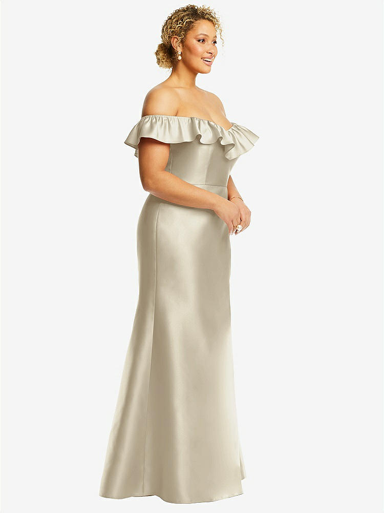 【STYLE: D836】Off-the-Shoulder Ruffle Neck Satin Trumpet Gown【COLOR: Champagne】