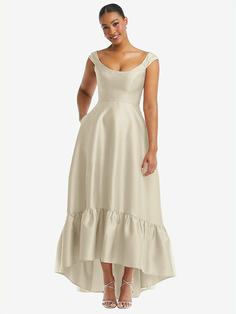 【STYLE: D837】Cap Sleeve Deep Ruffle Hem Satin High Low Dress with Pockets【COLOR: Champagne】
