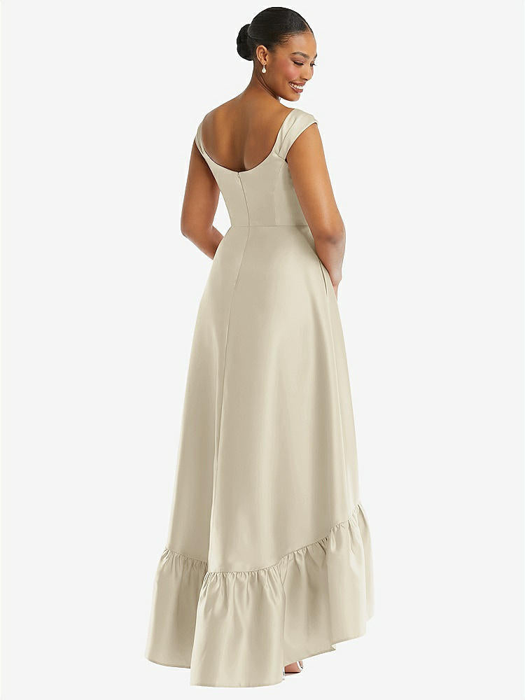 【STYLE: D837】Cap Sleeve Deep Ruffle Hem Satin High Low Dress with Pockets【COLOR: Champagne】