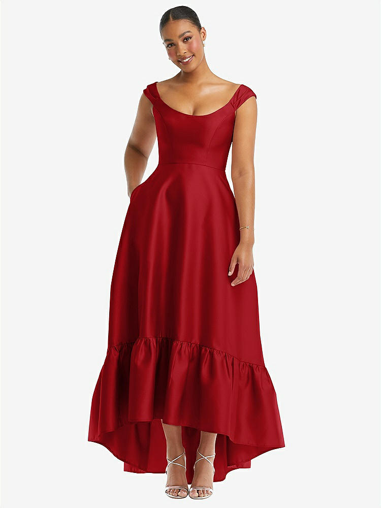 STYLE D837 Cap Sleeve Deep Ruffle Hem Satin High Low Dress with Pockets COLOR Garnet