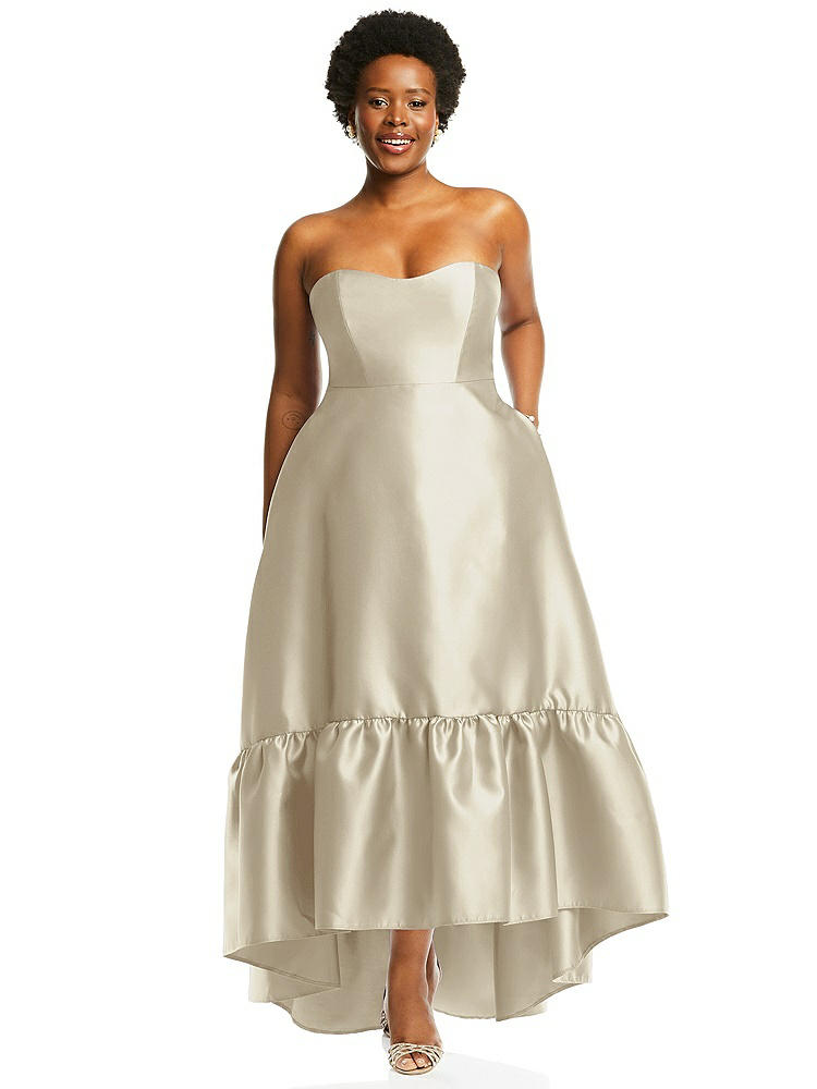 【STYLE: D838】Strapless Deep Ruffle Hem Satin High Low Dress with Pockets【COLOR: Champagne】