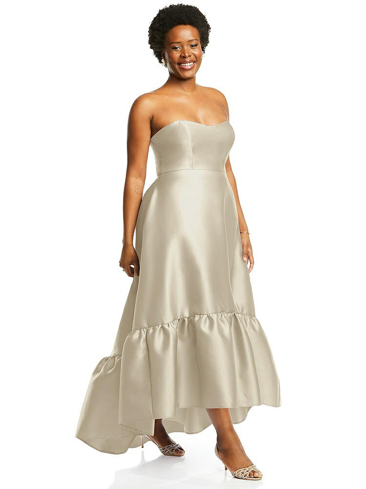 【STYLE: D838】Strapless Deep Ruffle Hem Satin High Low Dress with Pockets【COLOR: Champagne】