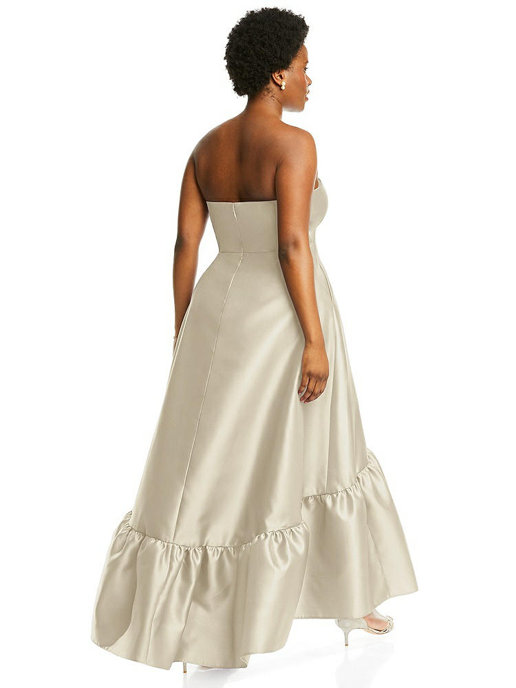 【STYLE: D838】Strapless Deep Ruffle Hem Satin High Low Dress with Pockets【COLOR: Champagne】