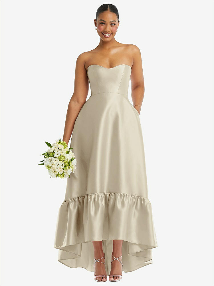 【STYLE: D838】Strapless Deep Ruffle Hem Satin High Low Dress with Pockets【COLOR: Champagne】